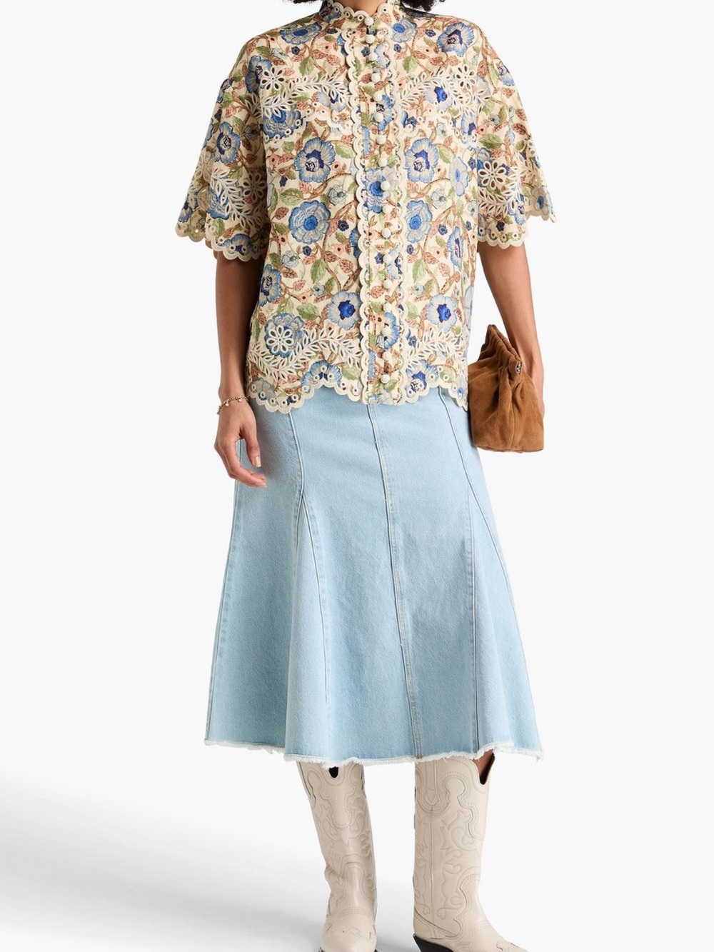 Zimmermann Floral Broderie Linen Button Up Shirt Cream Blue, Size 8-10 US, NWT